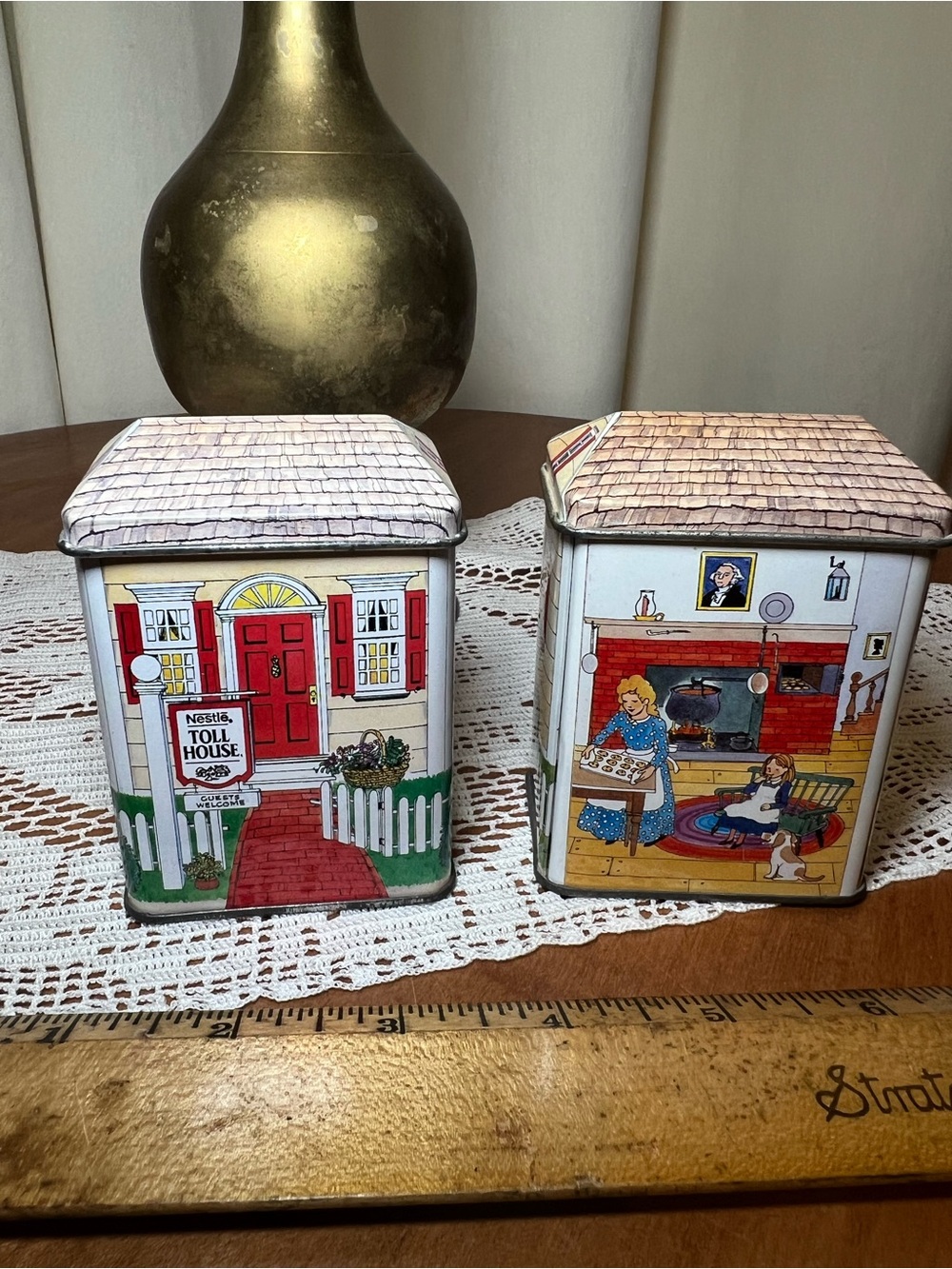 Vintage 2 Nestle Toll House Cookie Tin Set - Red & White Cottage Design